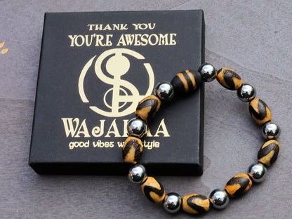 Hematite beads round 10mm silver with Tiger's Teeth Dzi beads. This is men's dZi bead with powerful energy.