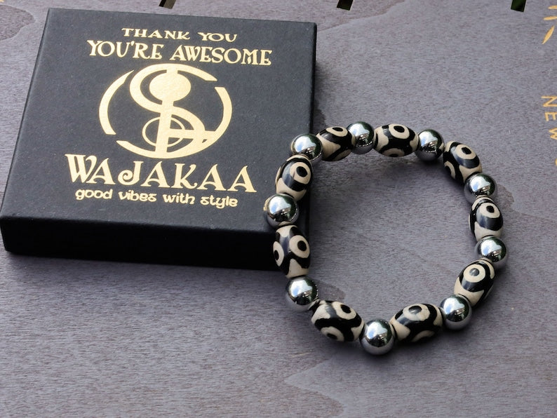 Hematite beads round 10mm silver with Tibetan Agate Three-eye dZi beads. It means success, wealth, long life full of health and fortunate opportunities