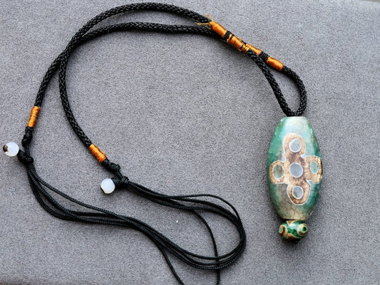 Dzi Bracelet *5Eyed* Bead. Old Green & Brown Oval Flat Dzi Bead, Big Flat Barrel Vintage Tibetan Agate.  Hand Knotted Adjustable Cord