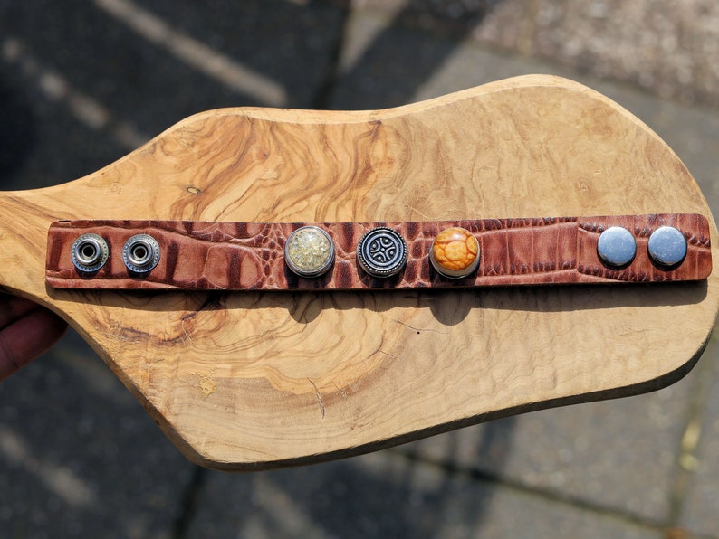 Brown Cuff Bracelet, Leather Bracelet, Wire-cable Chain,  metal button leather Bracelet, brown Leather Wrap Bracelet,poppers/chunks/buttons.
