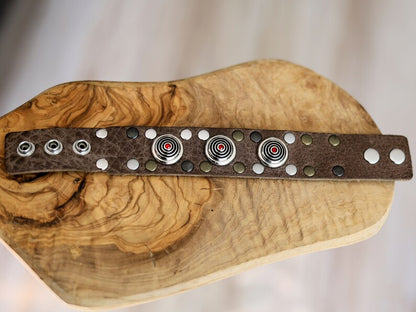 Brown Cuff Bracelet, Leather Bracelet, Wire-cable Chain, metal button leather Bracelet, brown Leather Wrap Bracelet, poppers/chunks/buttons