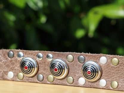 Brown Cuff Bracelet, Leather Bracelet, Wire-cable Chain, metal button leather Bracelet, brown Leather Wrap Bracelet, poppers/chunks/buttons