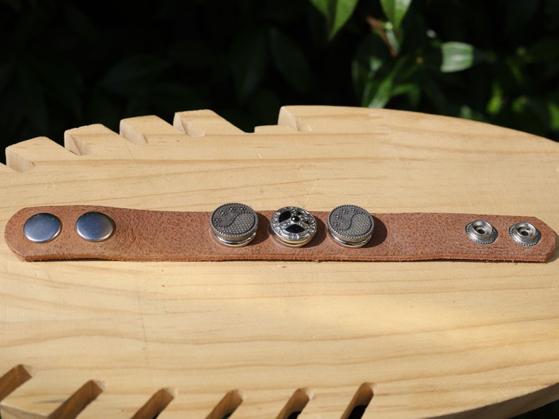 Brown Cuff Bracelet, Leather Bracelet, Wire-cable Chain, metal button leather Bracelet, brown Leather Wrap Bracelet,poppers,chunks, buttons.