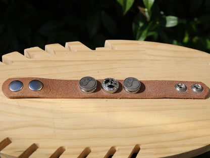 Brown Cuff Bracelet, Leather Bracelet, Wire-cable Chain, metal button leather Bracelet, brown Leather Wrap Bracelet,poppers,chunks, buttons.