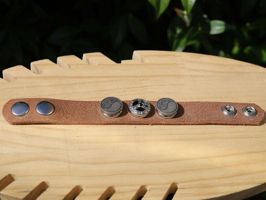 Brown Cuff Bracelet, Leather Bracelet, Wire-cable Chain, metal button leather Bracelet, brown Leather Wrap Bracelet,poppers,chunks, buttons.