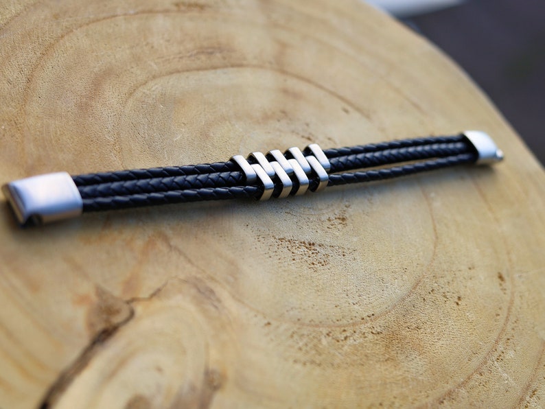 Double Layer Black Steel , Leather black Bracelet, Wire-cable Chain, Bangles, black Leather Wrap Bracelet, poppers, chunks, buttons