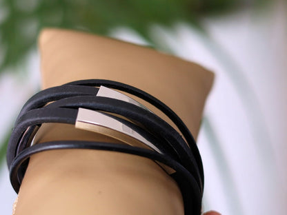 Leather Bracelet Multi layer Combination, Leather black Bracelet, Wire-cable Chain, Bangles, black Leather Wrap Bracelet,