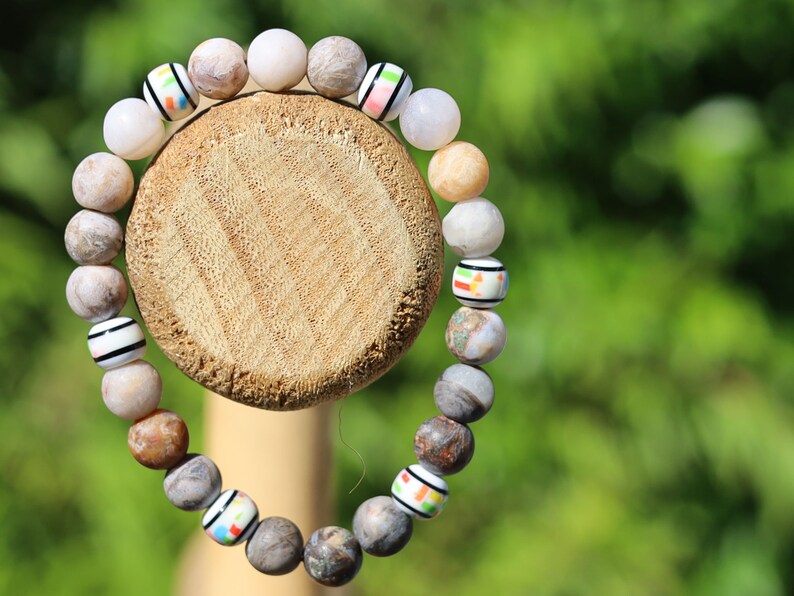 Bamboo leaf agate, also known as bamboo agate or bamboo jasper. Bracelet with unique glass spacer beads. nature and the vitality