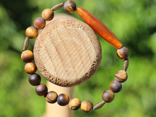 Natural Matte Tiger's Eye Tiger Eye bracelet with Wire beads and  beautiful, large handmade Horn bead. one-of-a-kind jewelry