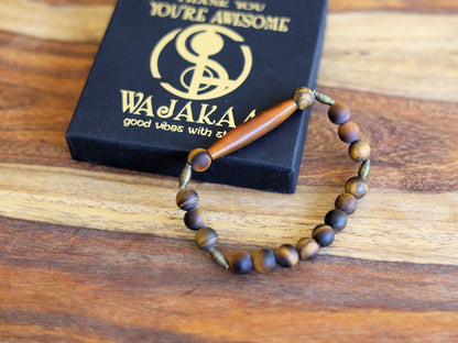 Natural Matte Tiger's Eye Tiger Eye bracelet with Wire beads and  beautiful, large handmade Horn bead. one-of-a-kind jewelry