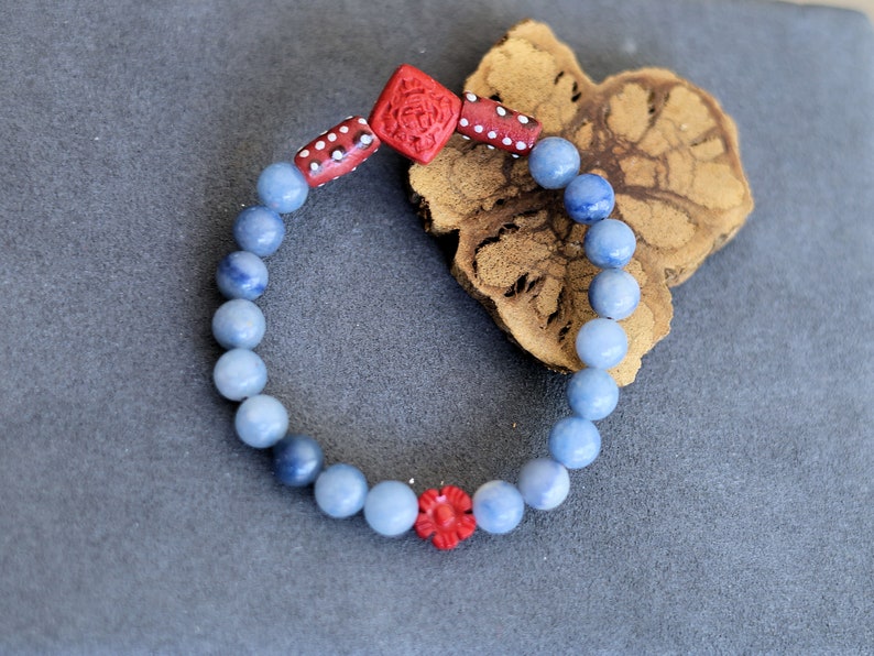 Red Coral in beautiful carved Flower shape with  Frosted Spot Jasper beads and beautiful Ghana powder Glass Trade Beads