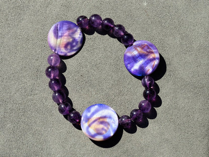 Coin shaped Mother of Pearl Shell beaded bracelet with Amethyst is a natural tranquilizer. powerful way to express your individuality