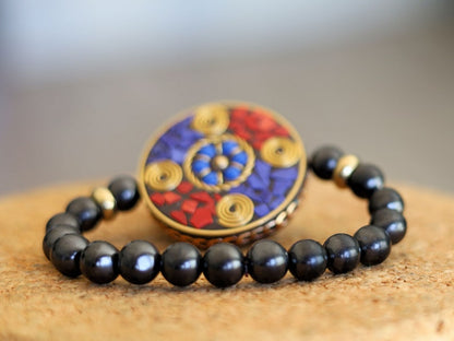10mm  Shungite beaded bracelet with Handmade Indonesia Beads with Unplated Brass Findings, Flat Round. grounding and protection