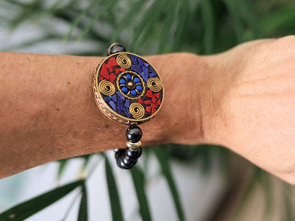 10mm  Shungite beaded bracelet with Handmade Indonesia Beads with Unplated Brass Findings, Flat Round. grounding and protection