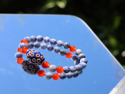 Natural Blue Spot Jasper Round Beaded bracelet with Carnelian and Handmade Indonesia Bead.  more self-confidence