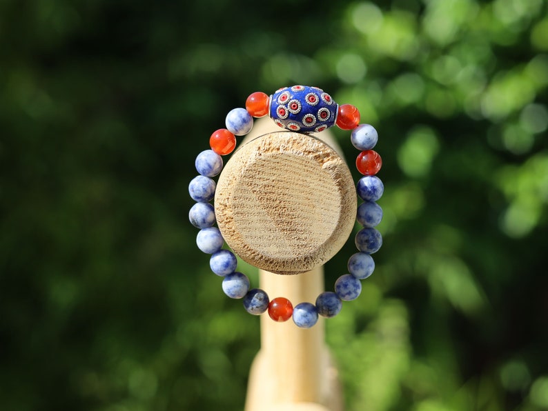 Natural Blue Spot Jasper Round Beaded bracelet with Carnelian and Handmade Indonesia Bead.  more self-confidence