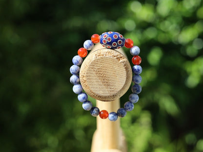 Natural Blue Spot Jasper Round Beaded bracelet with Carnelian and Handmade Indonesia Bead.  more self-confidence