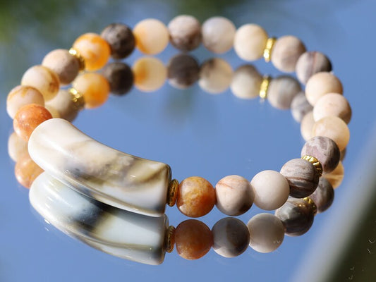 Bamboo leaf agate, also known as bamboo agate or bamboo jasper. Bracelet with acrylic tube bead. Tibetan Style Alloy Spacer Discs.