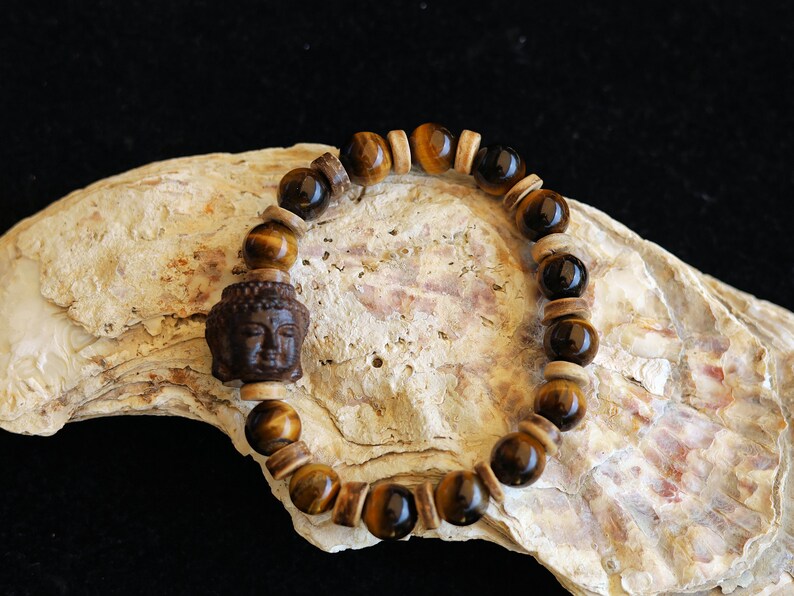 Handmade Rosewood BUDDHA bracelet with Tiger’s Eye and  Disc coconut beads.  especially protective during travel