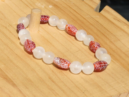 Seldom Selenite gypsum bracelet with Wonderful Rare Tibetan Dragon Vein Agate Dzi Cut Beads. Nepalese & Tibetan