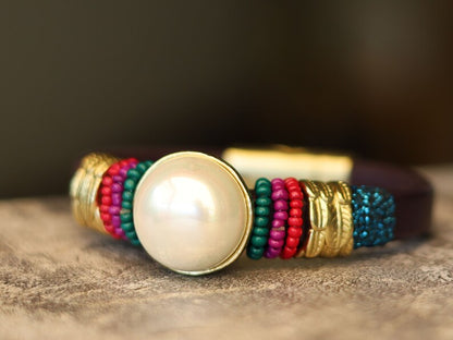 Bracelet with pearl, PU leather, Magnetic Clasp, multi color, Ibizagift , women's bracelets , leather bracelets ,must have , jewelry, style