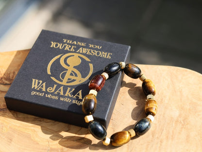 Appealing unique oval Tiger Eye beaded bracelets. With Stainless Steel Beads Gold Color 6mm Ribbed Cyclinder Tube Spacers.