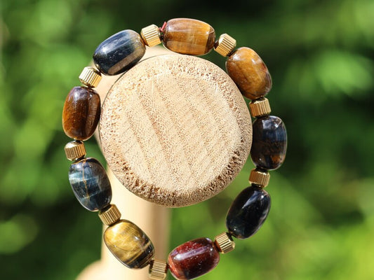 Appealing unique oval Tiger Eye beaded bracelets. With Stainless Steel Beads Gold Color 6mm Ribbed Cyclinder Tube Spacers.