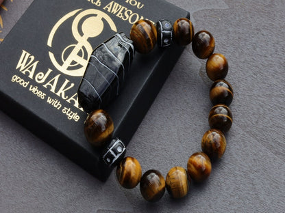 Handmade black/ white striped glass beads combined Tiger eye 12 beads. Tiger Eye stabilizes mood swings, imbues us with willpower