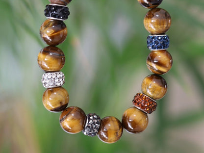 Polymer Clay Large Hole European Spacer Beads with Rhinestone  combined Tiger eye 12 beads. Tiger Eye stabilizes mood swings