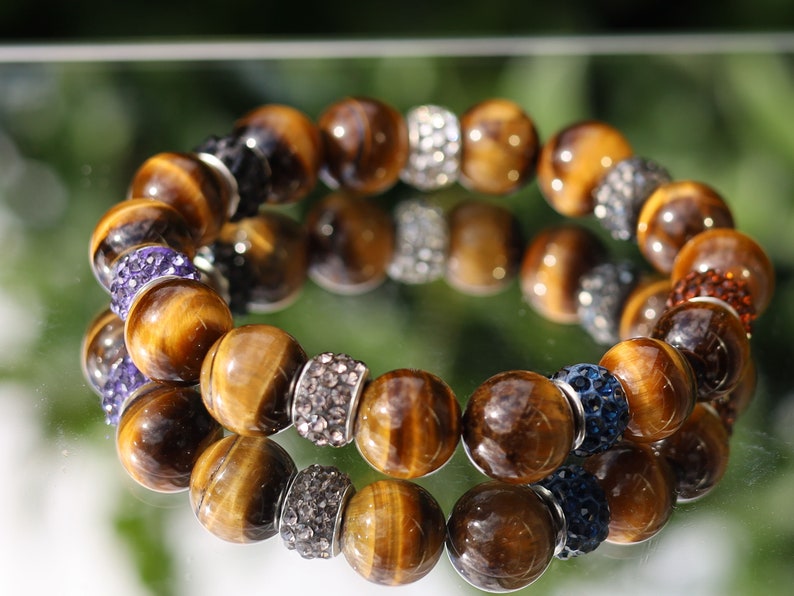 Polymer Clay Large Hole European Spacer Beads with Rhinestone  combined Tiger eye 12 beads. Tiger Eye stabilizes mood swings