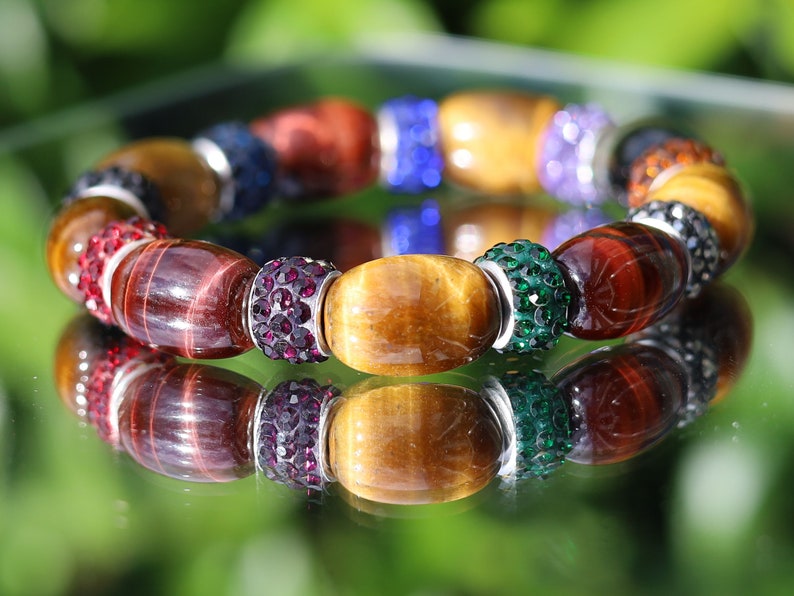 Polymer Clay Large Hole European Spacer Beads with Rhinestone  combined Appealing unique oval Tiger Eye . Tiger Eye stabilizes mood swings
