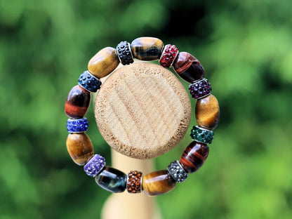 Polymer Clay Large Hole European Spacer Beads with Rhinestone  combined Appealing unique oval Tiger Eye . Tiger Eye stabilizes mood swings