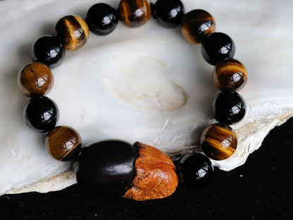 Natural Bodhi Myanmar Eggplant Bodhi  bracelet with black agate and Tiger eye. under which Siddhartha Gautama, the Buddha