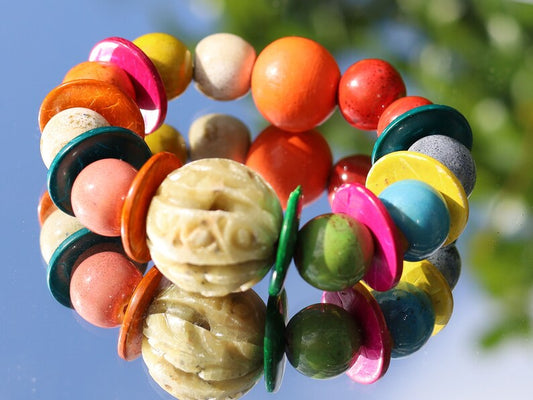 Soapstone round green bead, 24 mm Bracelet, With 18 mm Wooden coloreds beads are hip, cool and trendy!