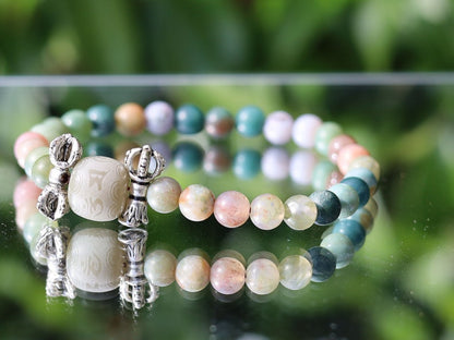 Prayer Bead: Om Mantra - Engraved Bodhi Seed. With Vajra bell and   Indian Agate Stone Gemstone Beads.  Perfect handmade gift