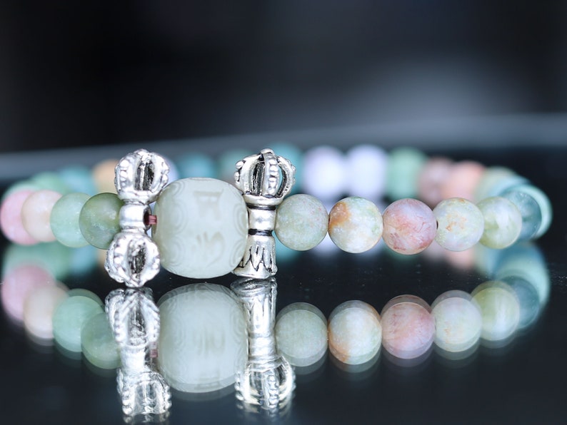 Prayer Bead: Om Mantra - Engraved Bodhi Seed. With Vajra bell and   Indian Agate Stone Gemstone Beads.  Perfect handmade gift