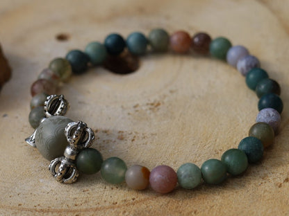 Prayer Bead: Om Mantra - Engraved Bodhi Seed. With Vajra bell and   Indian Agate Stone Gemstone Beads.  Perfect handmade gift