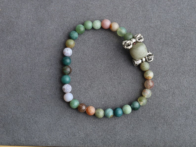 Prayer Bead: Om Mantra - Engraved Bodhi Seed. With Vajra bell and   Indian Agate Stone Gemstone Beads.  Perfect handmade gift
