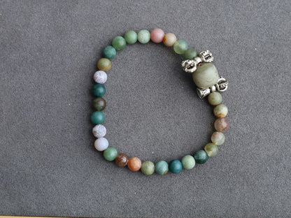 Prayer Bead: Om Mantra - Engraved Bodhi Seed. With Vajra bell and   Indian Agate Stone Gemstone Beads.  Perfect handmade gift