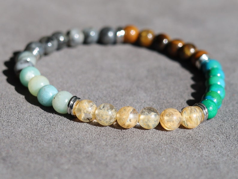 The MIXED Collection. Chrysocolla, Tiger eye, Labradorite, Amazonite, Citrine 6mm Gemstone Bracelet.  Energizing Mixed Stone Bracelet