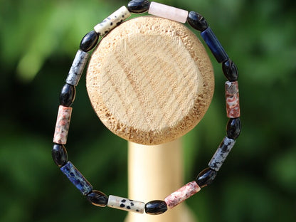 Natural Black Agate Barrel Beads. With multi color tube gemstones Sea Sediment Jasper.