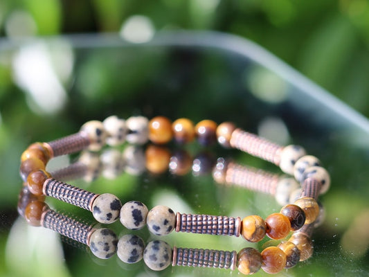 Unique Natural bracelets. engraved stylized spiral decoration,  Jichimu Wood bracelet, Crazy Horse Stone with black Agate
