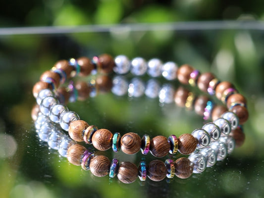 Round wooden beads - Jichimu Wood bracelet with silver Hematite and With Grade A Non-magnetic Hematite Rondelle Multi-color Plated, 6x2.5mm.