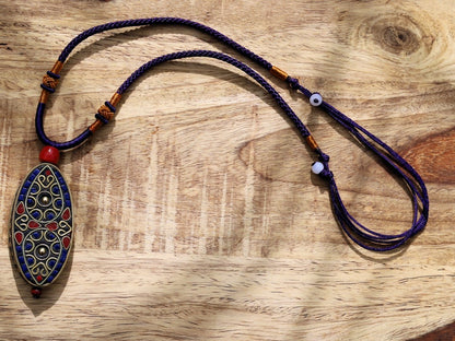 Oval with Teardrop, pendant with Hand Knotted Adjustable Cord String Necklace. Handmade Indonesian beads are exquisite and diverse