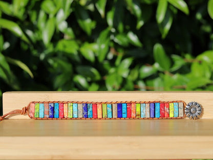 Multi color Natural Gem Leather Tibetan beads Adjustable Bracelet. These beautiful chakra bracelets are handmade from high-quality jasper natural stones.