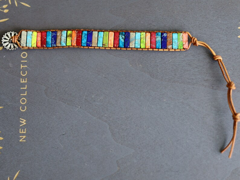 Multi color Natural Gem Leather Tibetan beads Adjustable Bracelet. These beautiful chakra bracelets are handmade from high-quality jasper natural stones.