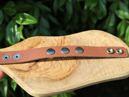 Brown Cuff Bracelet, Leather Bracelet, Wire-cable Chain,  metal button leather Bracelet, brown Leather Wrap Bracelet,poppers/chunks/buttons.
