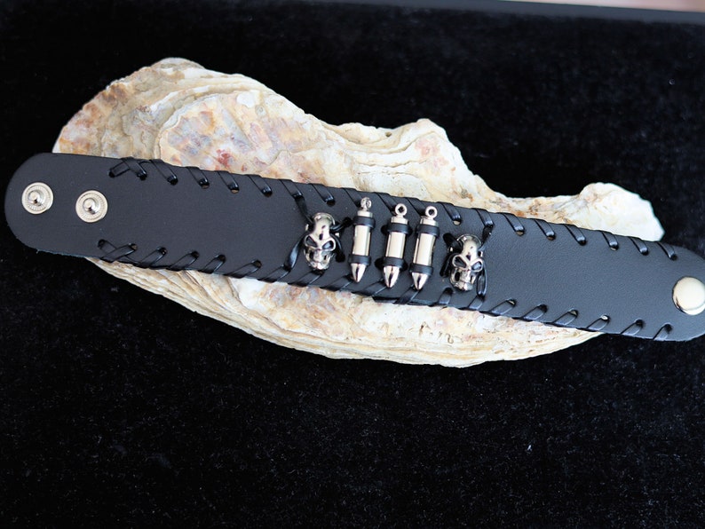 Skeleton Head Bullets Wide Leather Bracelet,Leather Bracelet,Wire cable Chain,Bangles, black Leather Wrap Bracelet,poppers,chunks, buttons