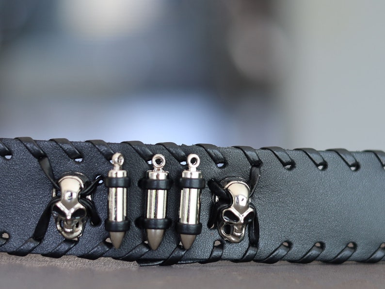 Skeleton Head Bullets Wide Leather Bracelet,Leather Bracelet,Wire cable Chain,Bangles, black Leather Wrap Bracelet,poppers,chunks, buttons