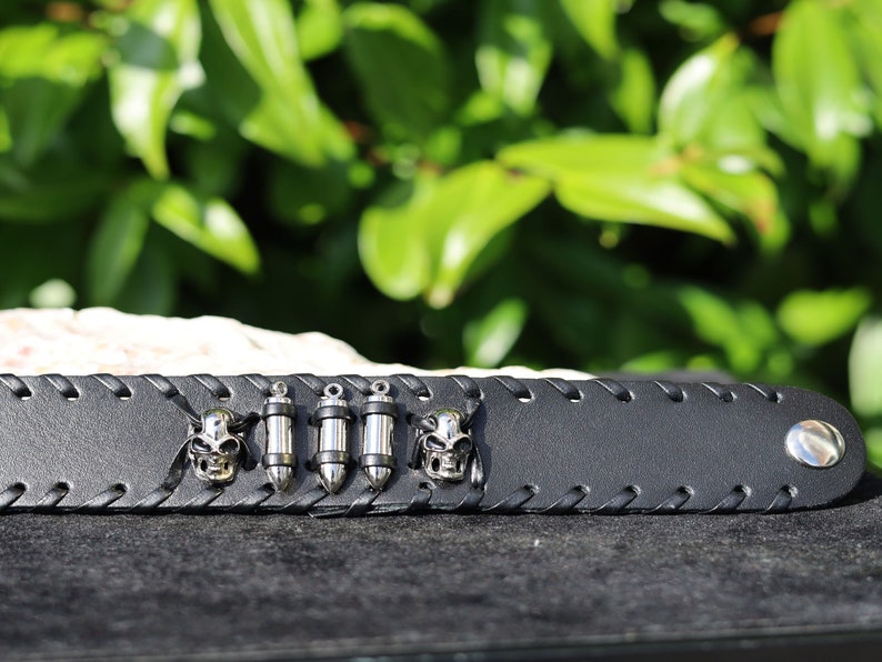 Skeleton Head Bullets Wide Leather Bracelet,Leather Bracelet,Wire cable Chain,Bangles, black Leather Wrap Bracelet,poppers,chunks, buttons